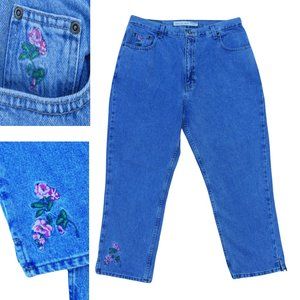 34x25 Vtg Bugle Boy Rose Embroidered Jeans High Waist Tapered Crop Leg Slits 16